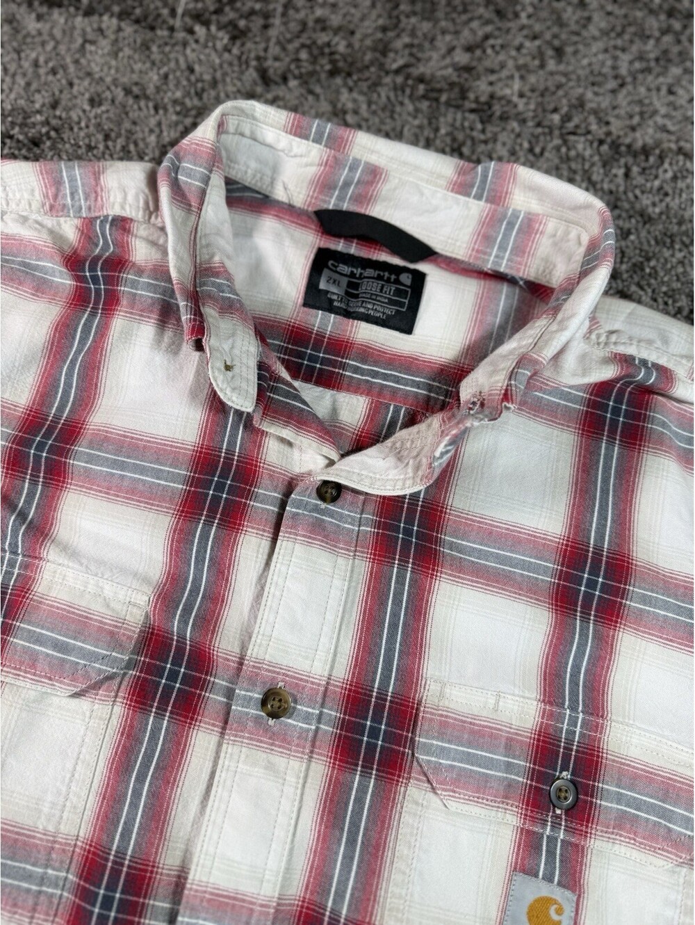 Carhartt Mens 2XL Loose Fit Plaid Short Sleeve Button Down Shirt Cream Red Navy